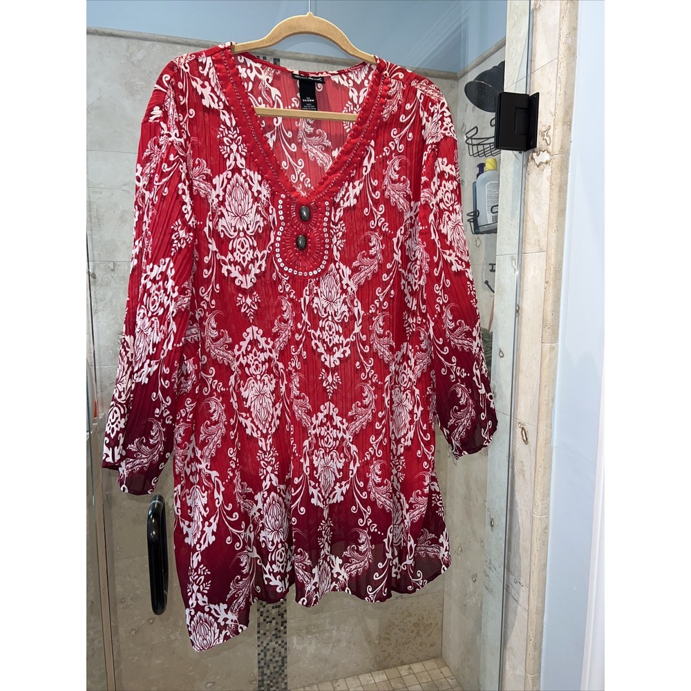 Maggie Barnes 3X MOD Geo Beaded Tunic Red White Crinkle Artsy Shirt Top